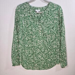 J Jill Women's Green Floral V Neck Henley Style Long Sleeve Pullover Top Size XS